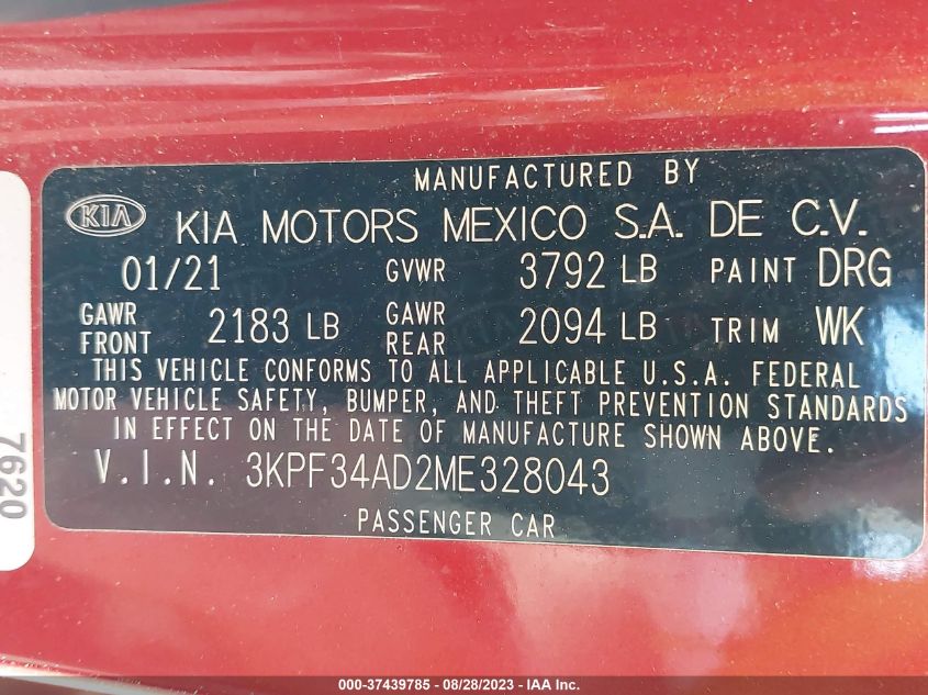 2021 KIA FORTE GT LINE - 3KPF34AD2ME328043