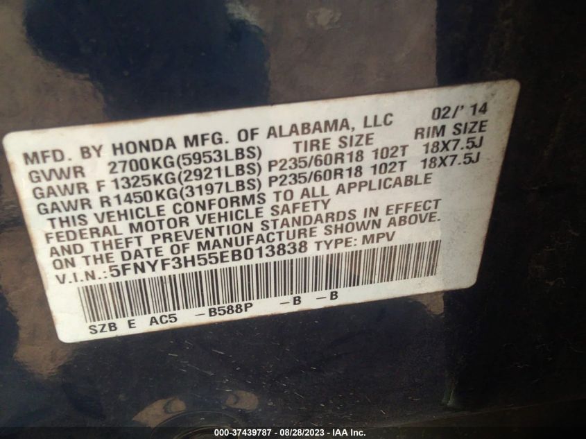 2014 HONDA PILOT EX-L - 5FNYF3H55EB013838