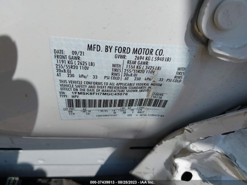 2021 FORD EXPLORER LIMITED - 1FMSK8FH7MGC45076