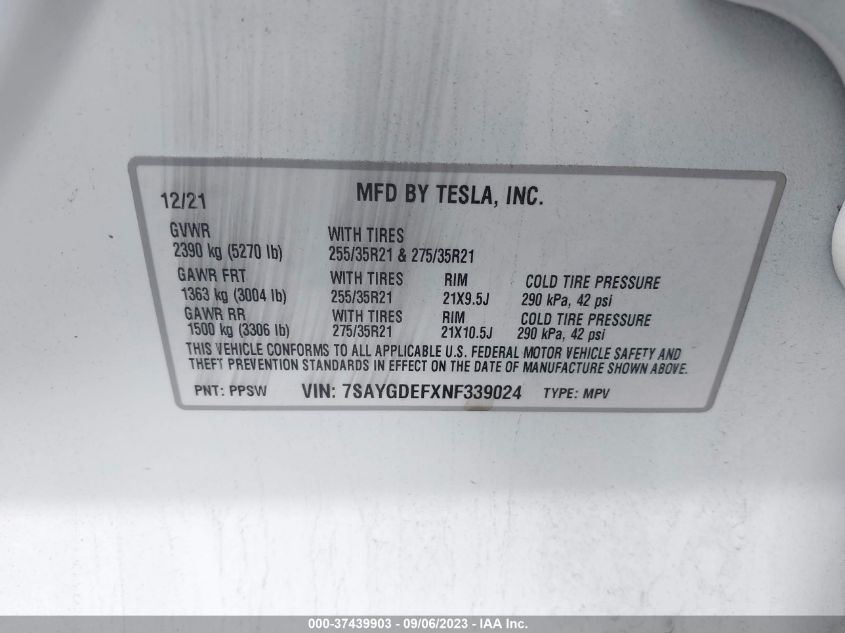 7SAYGDEFXNF339024 Tesla Model Y PERFORMANCE 9