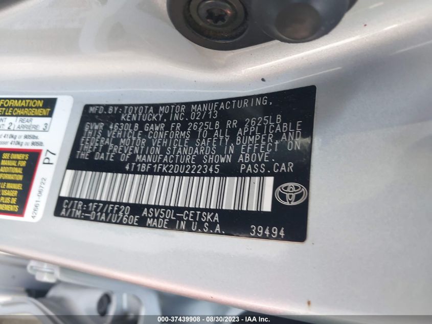 2013 TOYOTA CAMRY L/LE/SE/XLE - 4T1BF1FK2DU222345