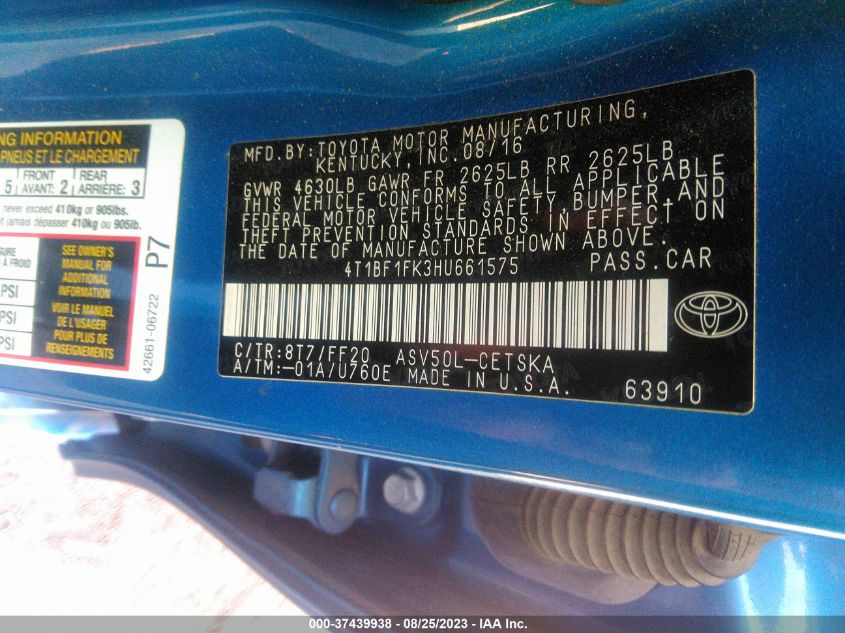 2017 TOYOTA CAMRY XLE/SE/LE/XSE - 4T1BF1FK3HU661575