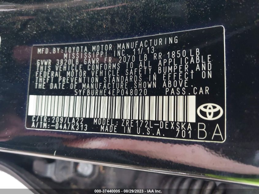 2014 TOYOTA COROLLA L/LE/S/S PLUS/LE PLUS - 5YFBURHE4EP048020