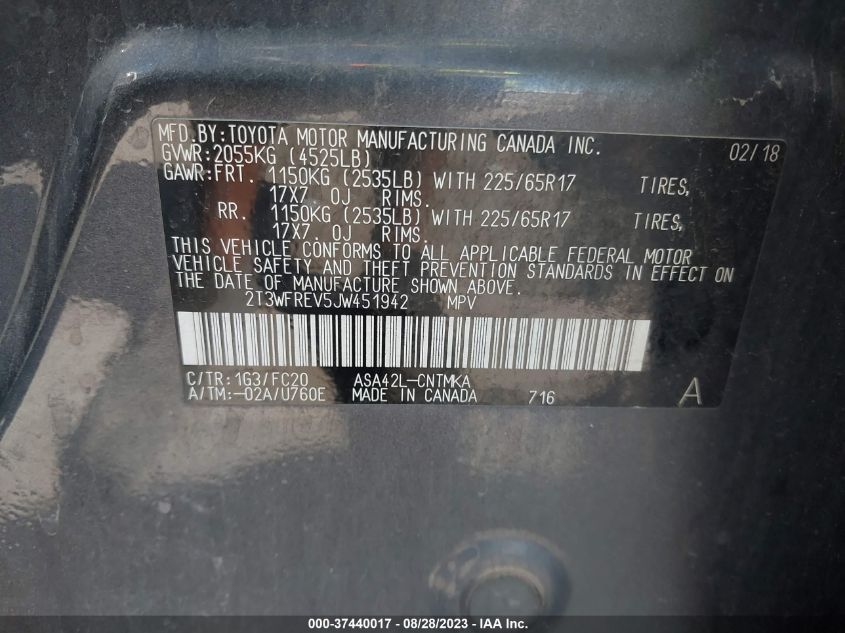 2018 TOYOTA RAV4 ADVENTURE/XLE - 2T3WFREV5JW451942