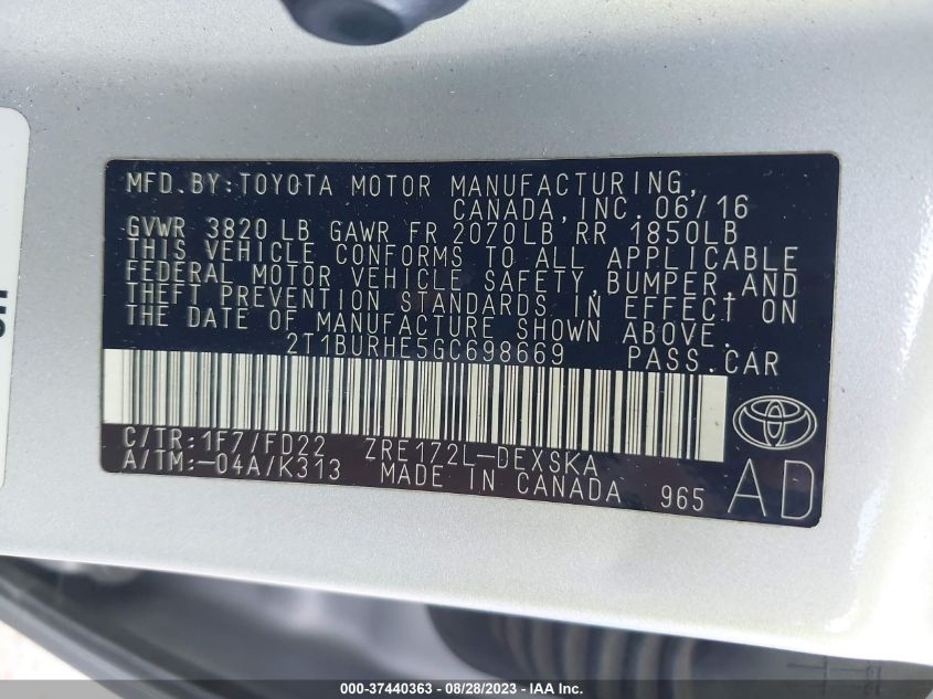 2016 TOYOTA COROLLA L/LE/S/S PLUS/LE PLUS - 2T1BURHE5GC698669