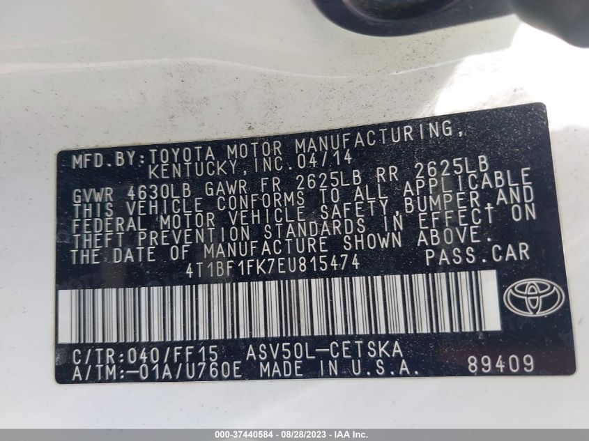 2014 TOYOTA CAMRY L/LE/XLE/SE/SE SPORT - 4T1BF1FK7EU815474
