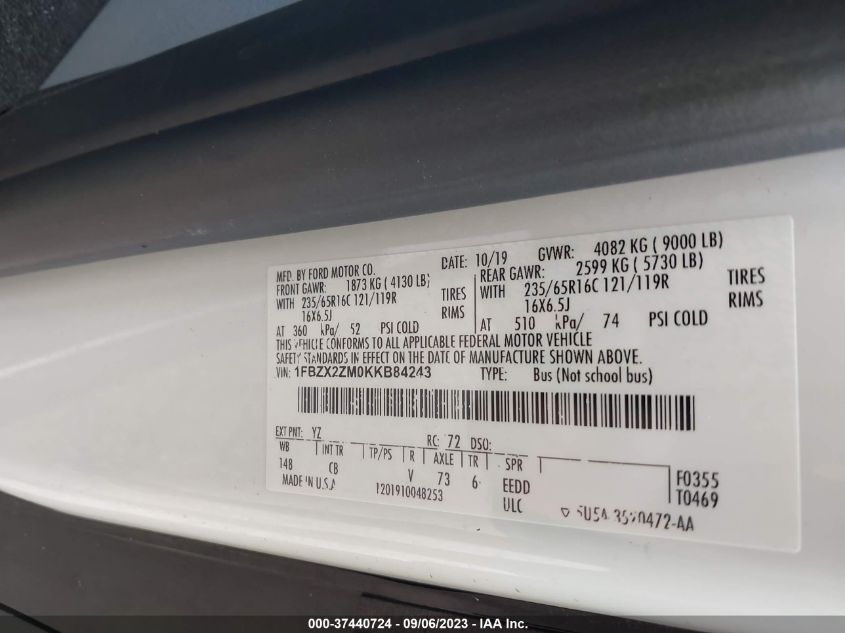 2019 FORD TRANSIT PASSENGER WAGON XL/XLT 1FBZX2ZM0KKB84243
