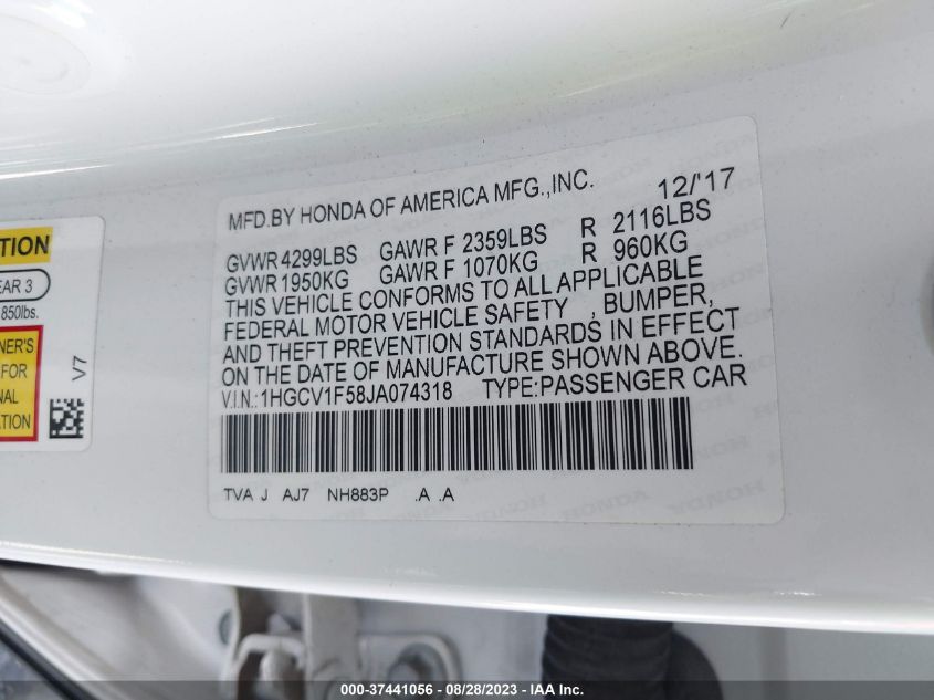 2018 HONDA ACCORD SEDAN EX-L 1.5T - 1HGCV1F58JA074318