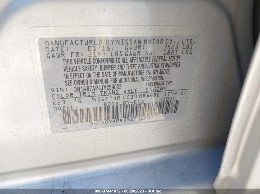 VIN 3N1AB7AP4JY259023 2018 NISSAN SENTRA S