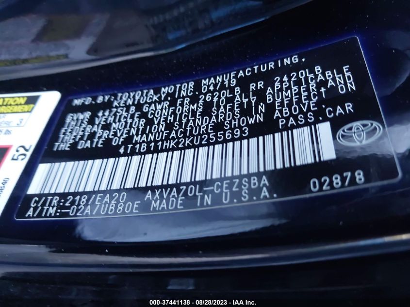 2019 TOYOTA CAMRY LE/SE/XLE/L - 4T1B11HK2KU255693