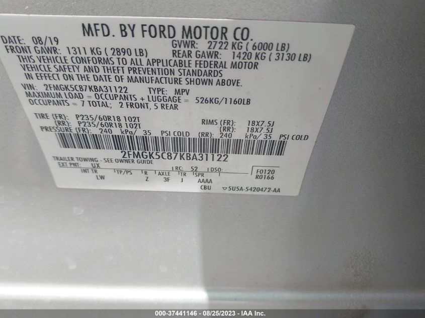 2FMGK5C87KBA31122 Ford Flex SEL 9