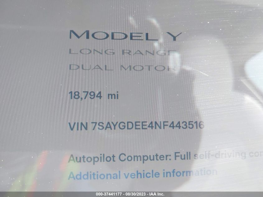 2022 TESLA MODEL Y LONG RANGE - 7SAYGDEE4NF443516