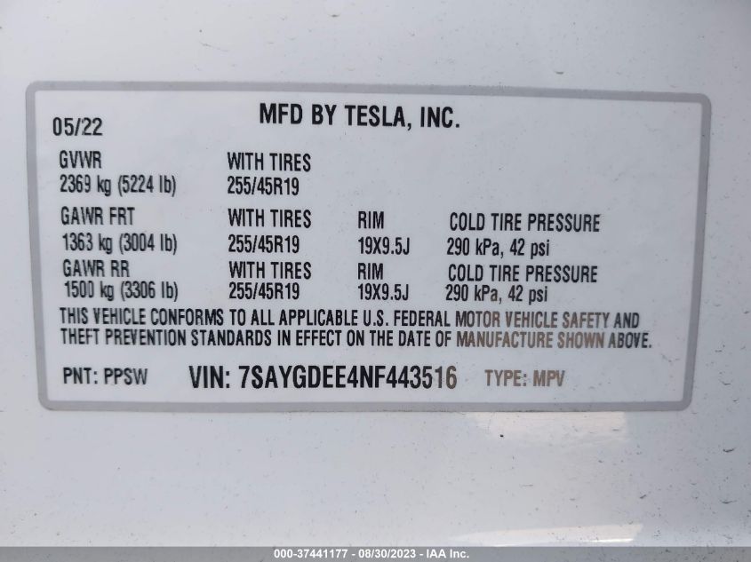 2022 TESLA MODEL Y LONG RANGE - 7SAYGDEE4NF443516