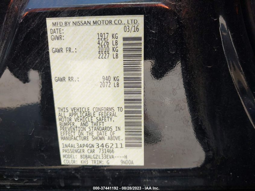 2016 NISSAN ALTIMA 2.5 S - 1N4AL3AP4GN346211