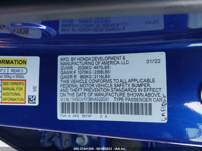 2022 HONDA ACCORD SEDAN SPORT - 1HGCV1F38NA022031