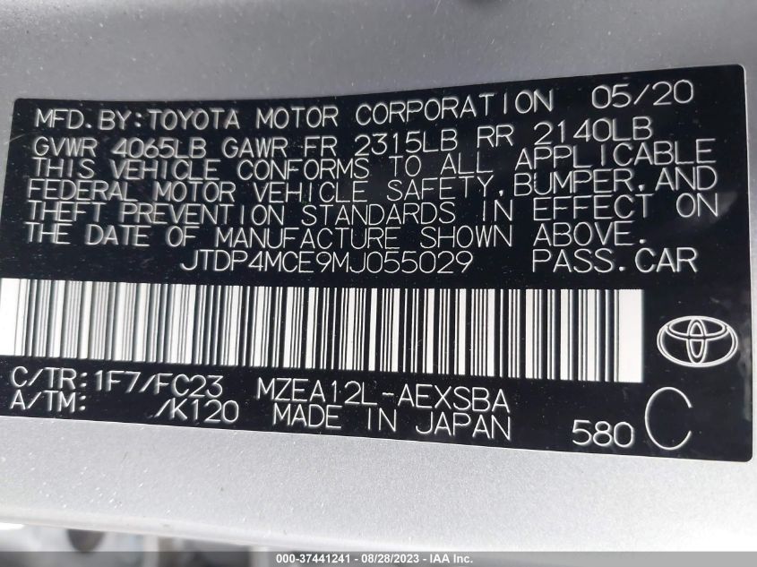 VIN JTDP4MCE9MJ055029 2021 TOYOTA COROLLA SE