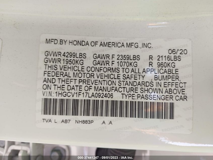 2020 HONDA ACCORD LX - 1HGCV1F17LA092406