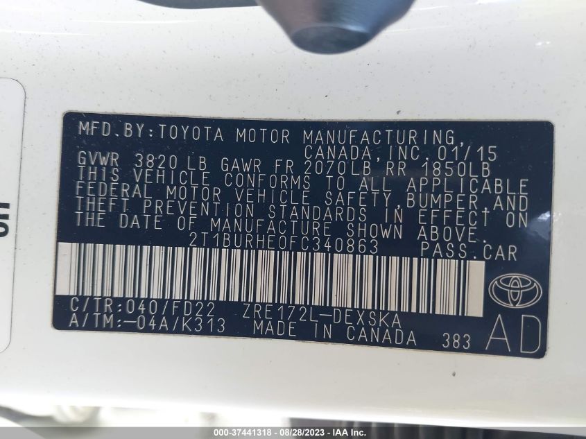 2015 TOYOTA COROLLA L/LE/LE PLS/PRM/S/S PLS - 2T1BURHE0FC340863