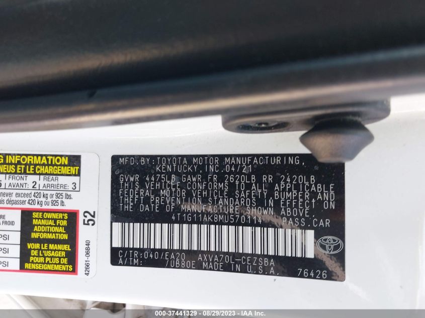 2021 TOYOTA CAMRY SE - 4T1G11AK8MU570114