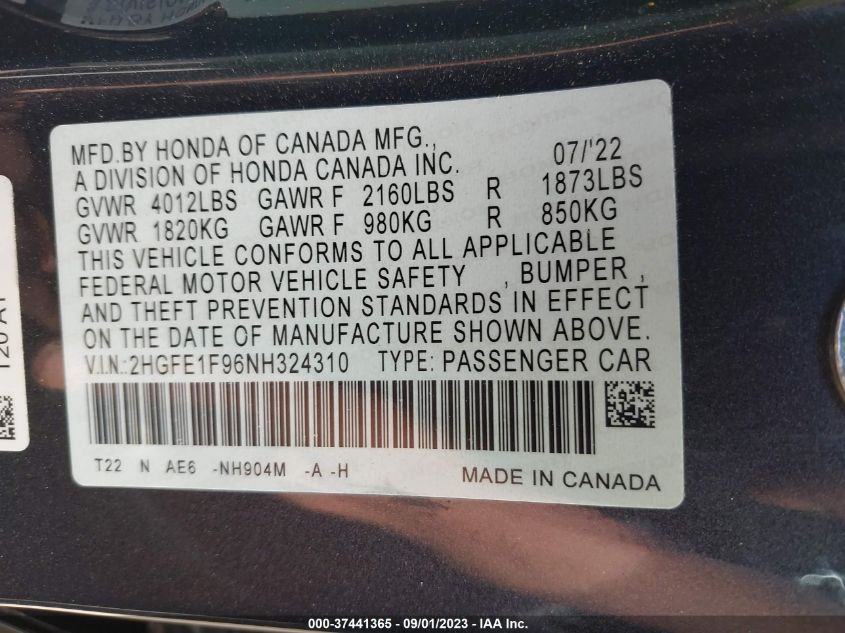 VIN 2HGFE1F96NH324310 2022 HONDA CIVIC SEDAN TOURING