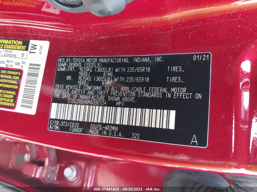 2021 TOYOTA HIGHLANDER XLE - 5TDGZRBH6MS090124
