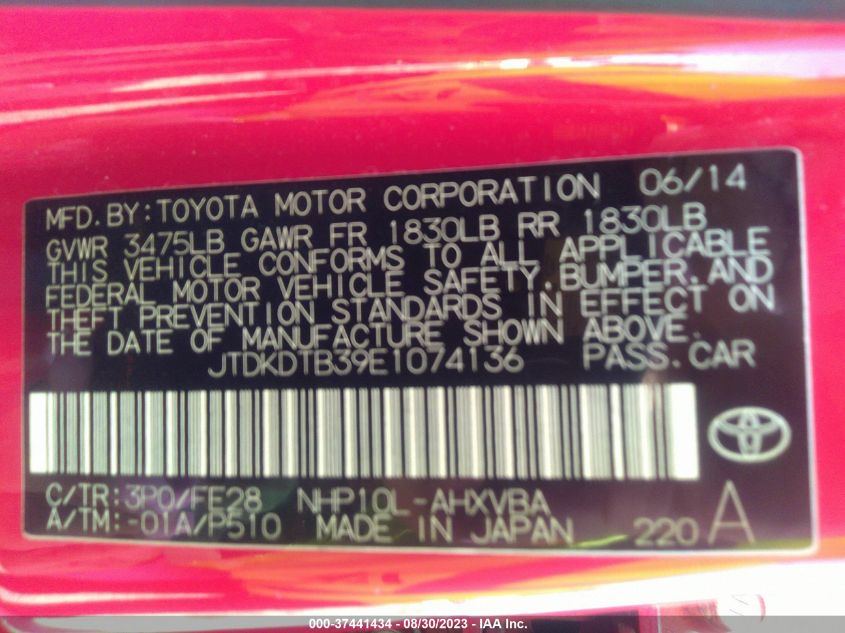 2014 TOYOTA PRIUS C ONE/THREE/TWO/FOUR - JTDKDTB39E1074136