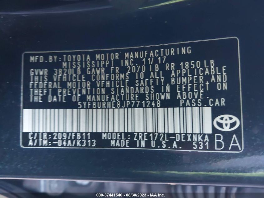2018 TOYOTA COROLLA L/LE/XLE/SE/XSE - 5YFBURHE8JP771248
