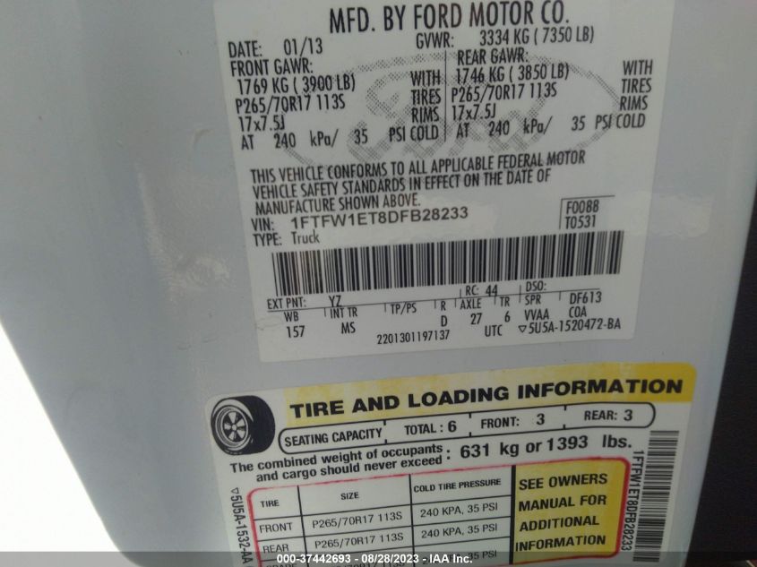 2013 FORD F-150 XL/XLT/FX4/LARIAT - 1FTFW1ET8DFB28233
