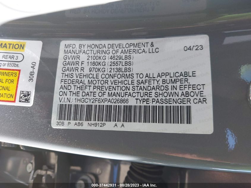 VIN 1HGCY2F6XPA026866 2023 HONDA ACCORD HYBRID EX-L