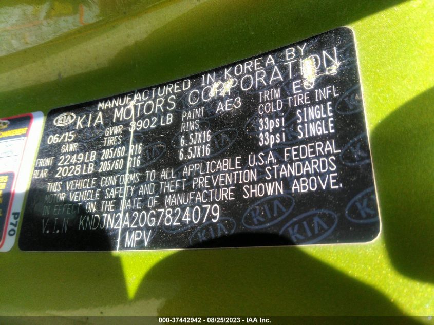 2016 KIA SOUL BASE - KNDJN2A20G7824079