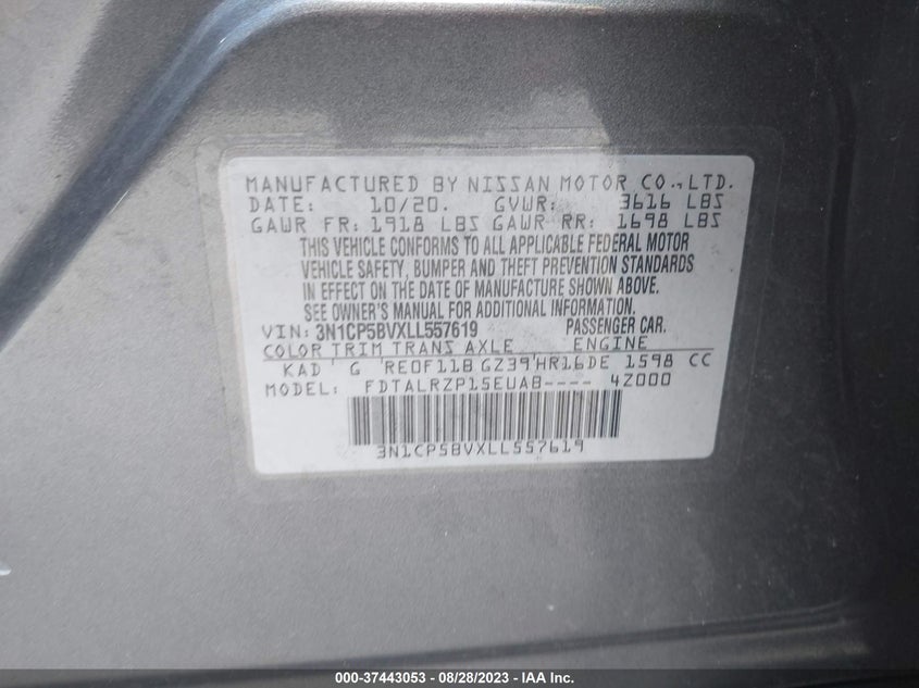 VIN 3N1CP5BVXLL557619 2020 NISSAN KICKS S