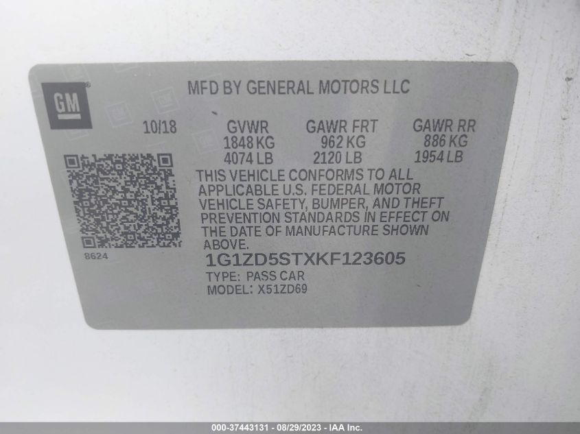 2019 CHEVROLET MALIBU LT - 1G1ZD5STXKF123605
