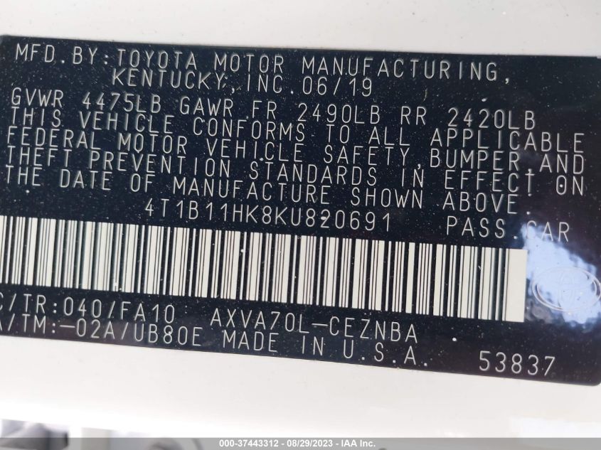2019 TOYOTA CAMRY LE/SE/XLE/L - 4T1B11HK8KU820691
