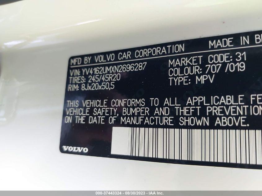 2022 VOLVO XC40 R-DESIGN YV4162UMXN2696287