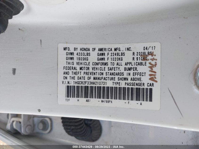 2017 HONDA ACCORD LX - 1HGCR2F33HA210731