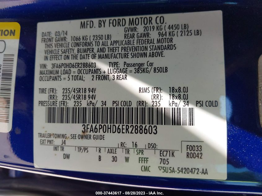 2014 FORD FUSION SE - 3FA6P0HD6ER288603