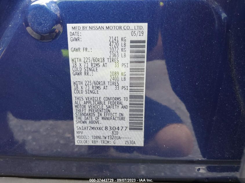2019 NISSAN ROGUE S/SL/SV - 5N1AT2MVXKC830477