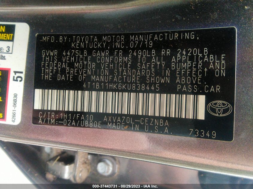 2019 TOYOTA CAMRY LE/SE/XLE/L - 4T1B11HK6KU838445