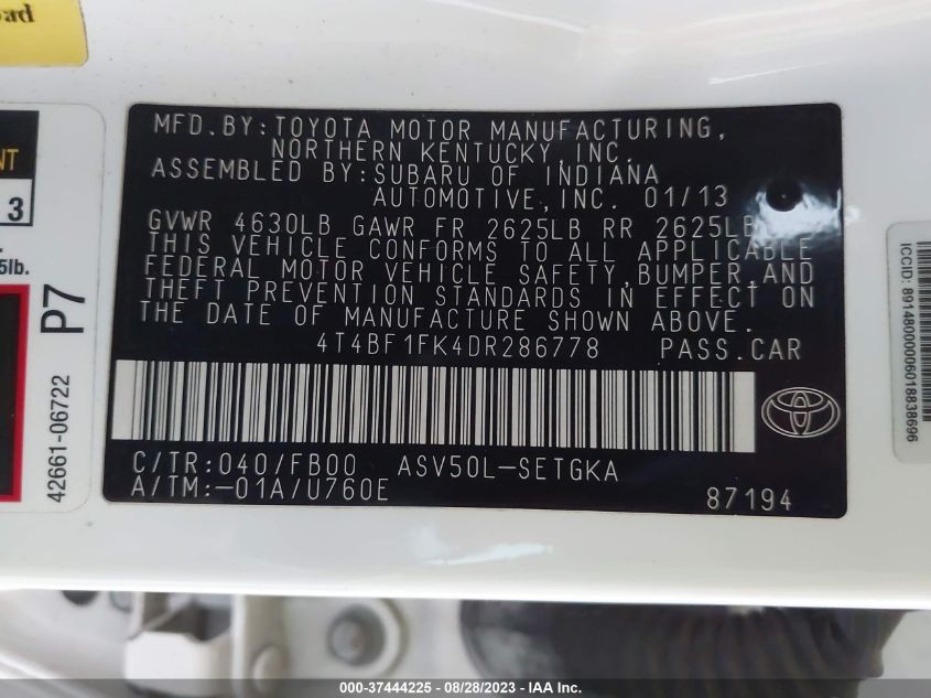 2013 TOYOTA CAMRY L/SE/LE/XLE - 4T4BF1FK4DR286778
