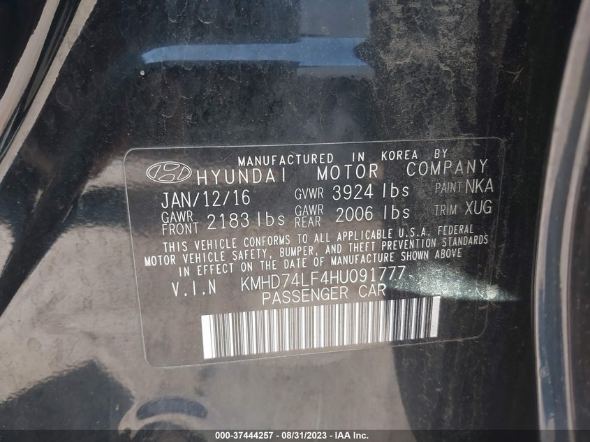 VIN KMHD74LF4HU091777 2017 HYUNDAI ELANTRA SE