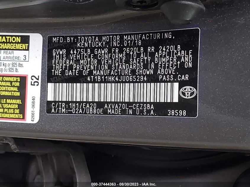 2018 TOYOTA CAMRY LE/SE/XLE/L - 4T1B11HK4JU065294