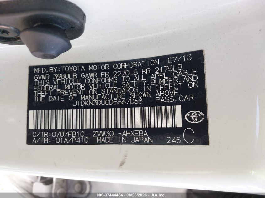 2013 TOYOTA PRIUS ONE/TWO/THREE/FOUR/FIVE - JTDKN3DU0D5667068