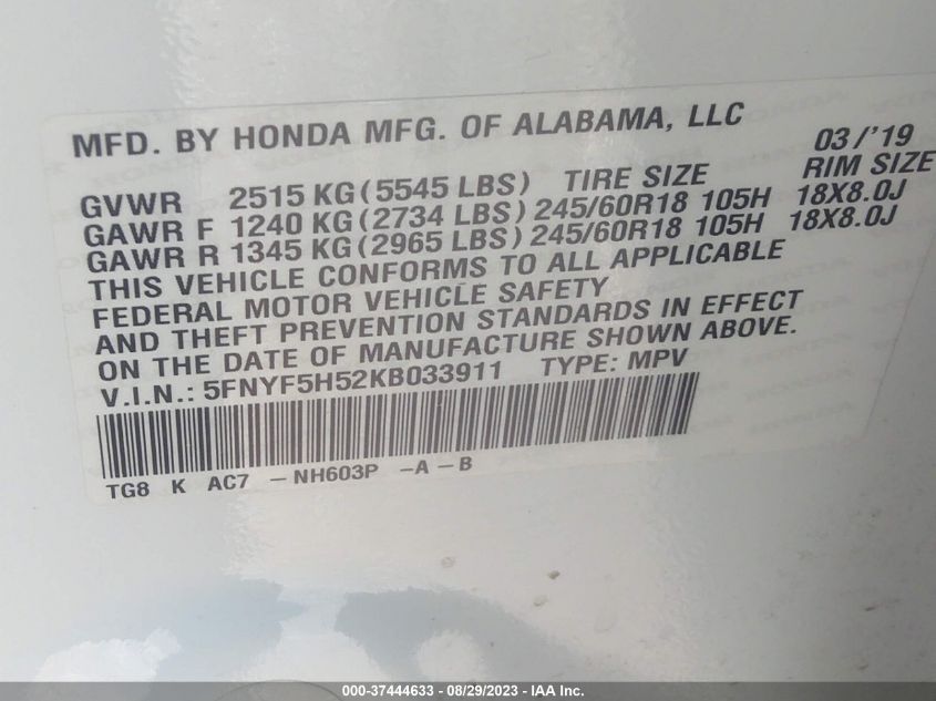 2019 HONDA PILOT EX-L - 5FNYF5H52KB033911