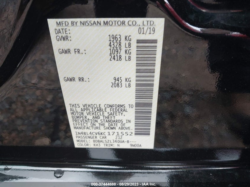 VIN 1N4BL4CV6KC171552 2019 NISSAN ALTIMA SR