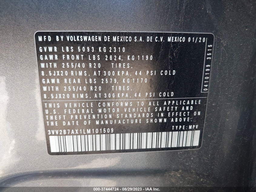 VIN 3VV2B7AX1LM101509 2020 VOLKSWAGEN TIGUAN SE/SEL/SE R-LINE BLACK
