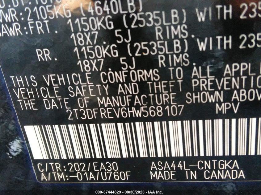 VIN 2T3DFREV6HW568107 2017 TOYOTA RAV4 LIMITED/SE/PLATINUM