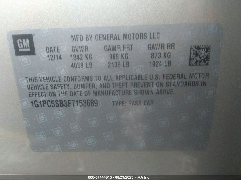 2015 CHEVROLET CRUZE LT - 1G1PC5SB3F7153689