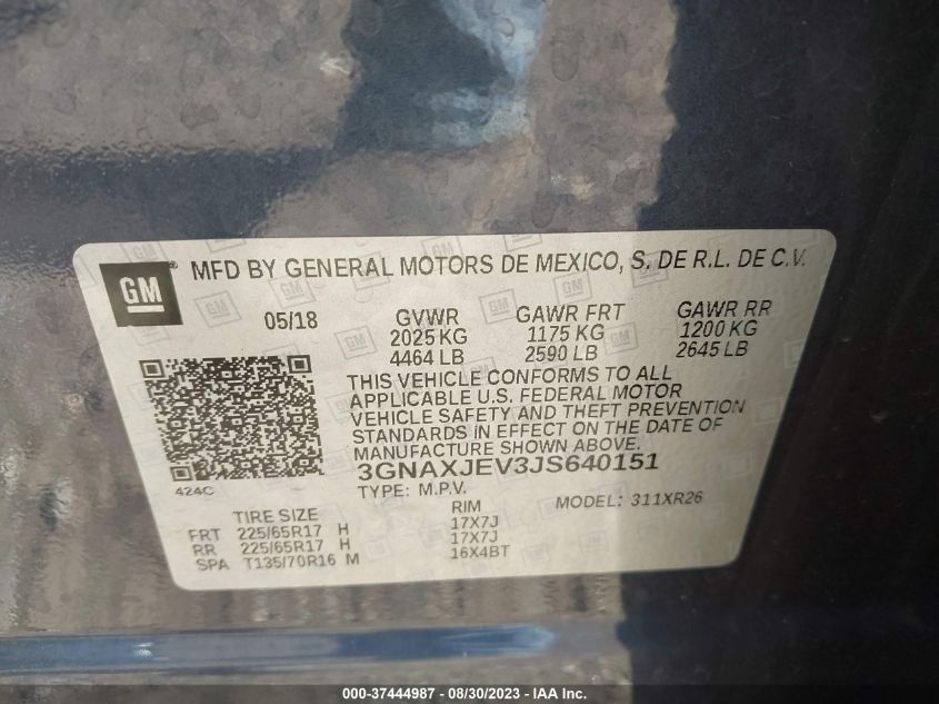 2018 CHEVROLET EQUINOX LT - 3GNAXJEV3JS640151
