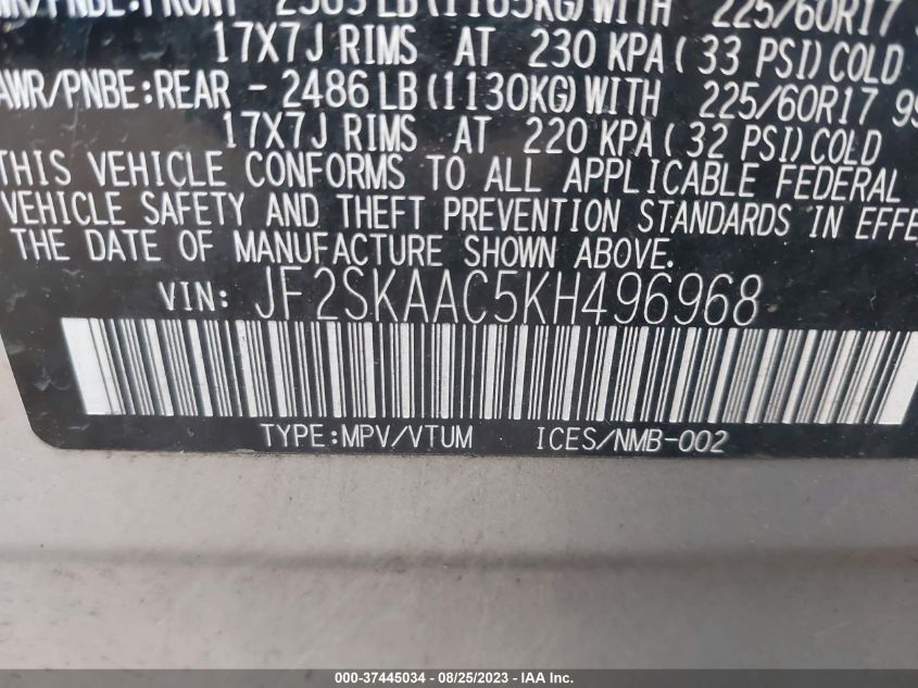 2019 SUBARU FORESTER - JF2SKAAC5KH496968