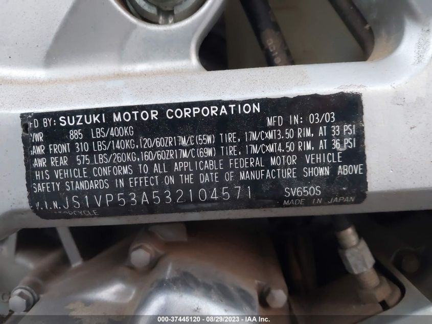 2003 SUZUKI SV650 - JS1VP53A532104571